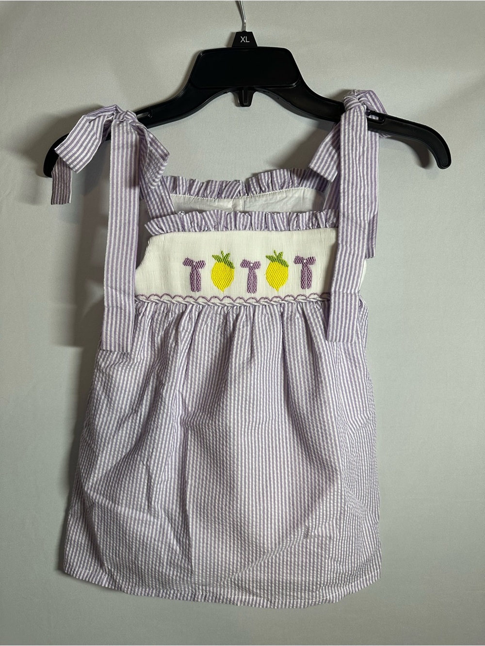 Lilac Seersucker Tie-Shoulder Smocked Top with Lemon Embroidery